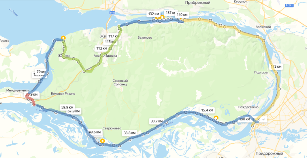 На карте: синие отрезки пути пройдены на сапе, оранжевый на теплоходе, зеленый - автостоп и красный пешком