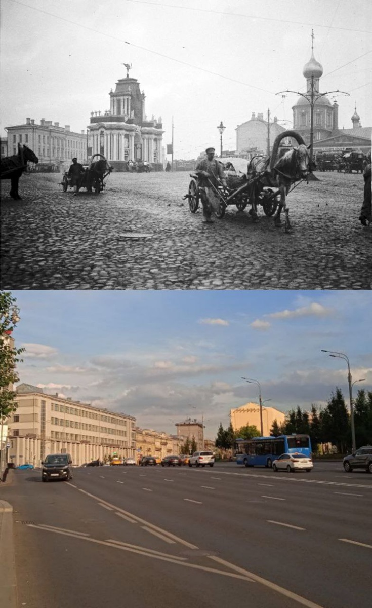 Чёрно-белая фотография сделана в 1912 году. Современный кадр с той же точки 110 лет спустя