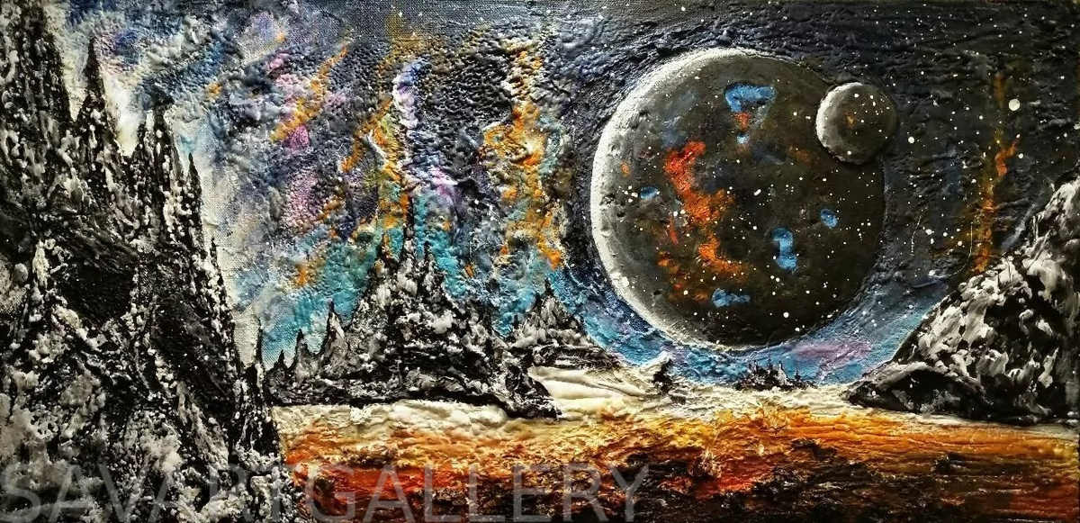 © Алексей Смирнов. Альдебаран. Оргалит, полимерные смолы, синтетические наполнители, масло. 60х122 см. 2020. [Когда в школьные годы я собрал свой первый телескоп, то детально изучил созвездие Орион и его окрестности, в том числе красивейшие Плеяды и расположенную рядом с ним большую звезду Альдебаран – альфу Тельца – М.Л.].