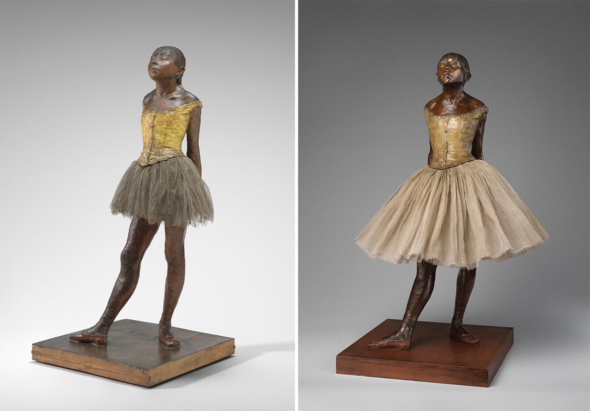 Слева - "Маленькая танцовщица" из пчелиного воска (1878–81 г.). Справа - "Маленькая танцовщица", отлитая из бронзы наследниками Дега в 1922 г.