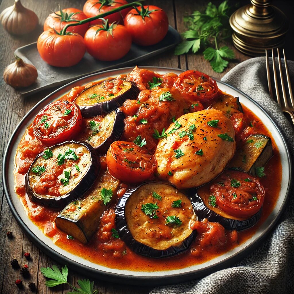 Курица с баклажанами и томатами в соусе.