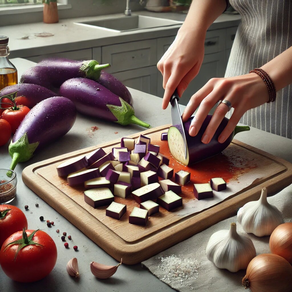 Процесс подготовки баклажанов для готовки.