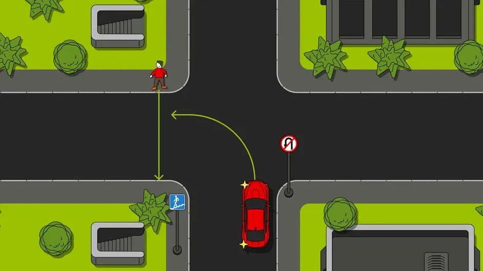 Ситуация в этой задаче на знание ПДД следующая: на перекрёстке вам нужно налево, встречных машин нет, однако есть пешеход, который явно намерен перейти дорогу. Должны ли вы пропустить его?