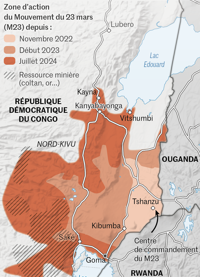 Рост территорий, контролируемых М23 с ноября 2022 по июнь 2024 г.