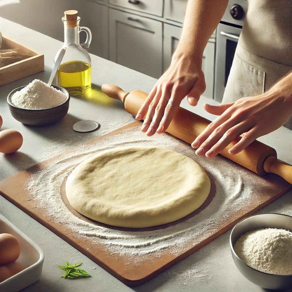 Процесс подготовки теста для пиццы.