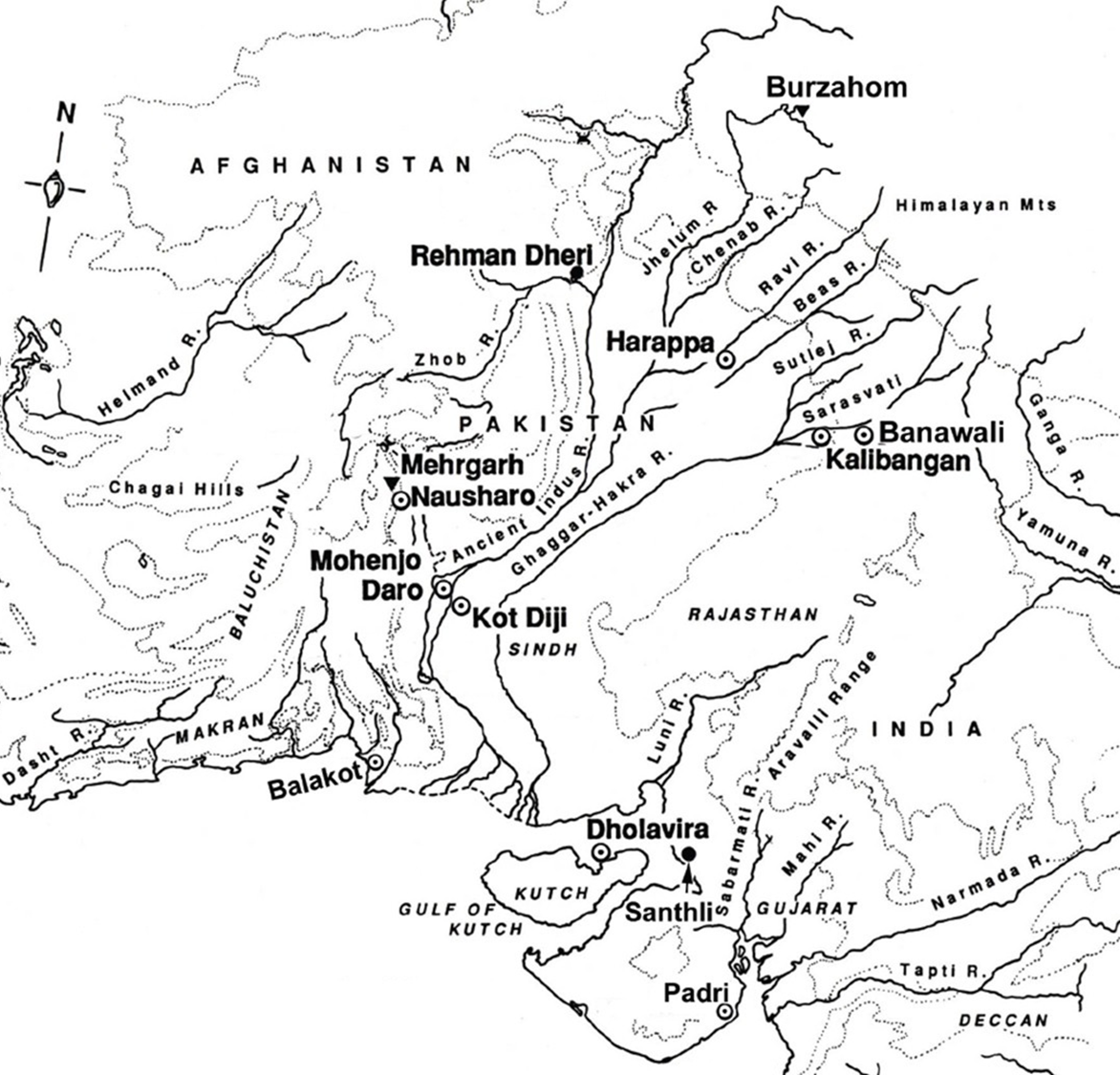 Карта поселений эпохи неолита, Ранней и Зрелой Хараппы в долинах Инда и Сарасвати/Гхаггара/Хакры.