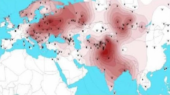 Очаги распространения гаплогруппы R1a Y-ДНК человека на карте Евразии
