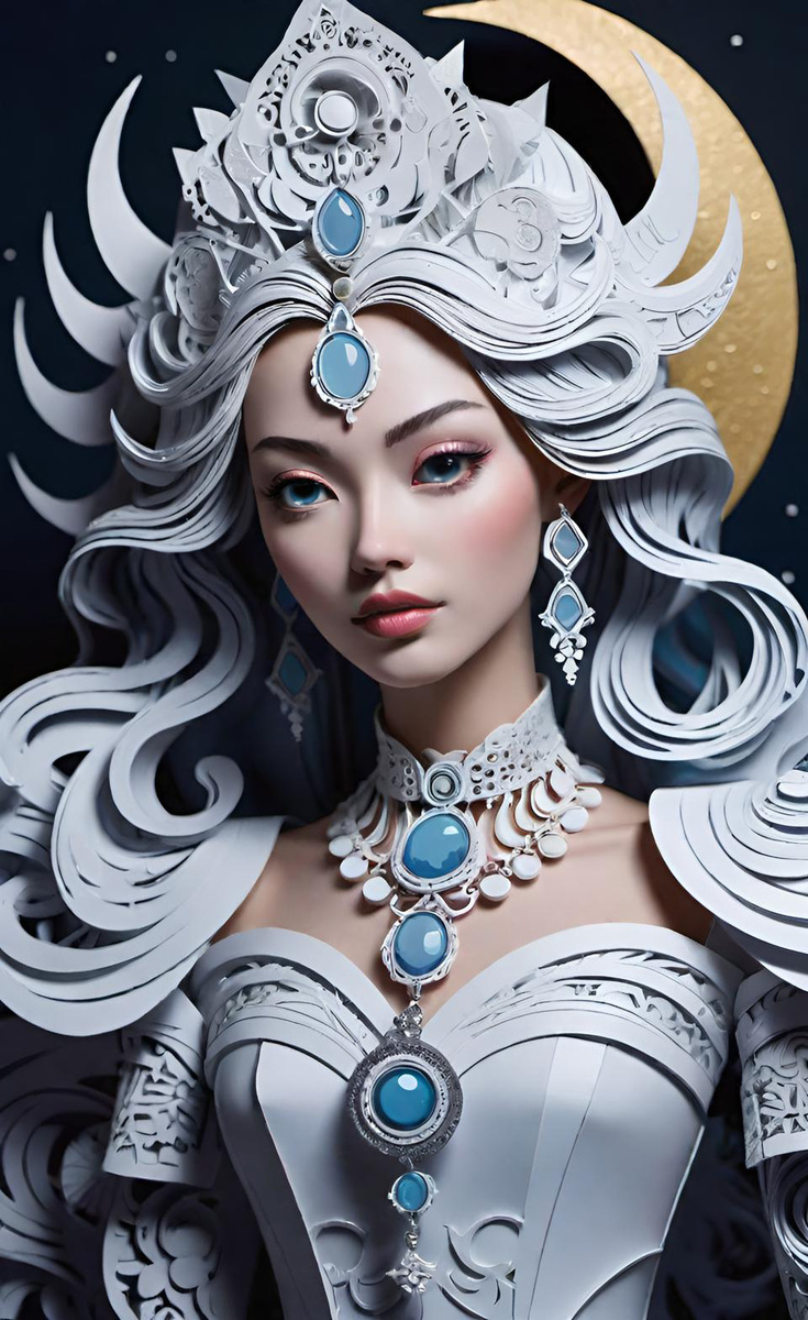 Опал. Лунная принцесса. Бумажный мир. Арт с применением ИИ.
