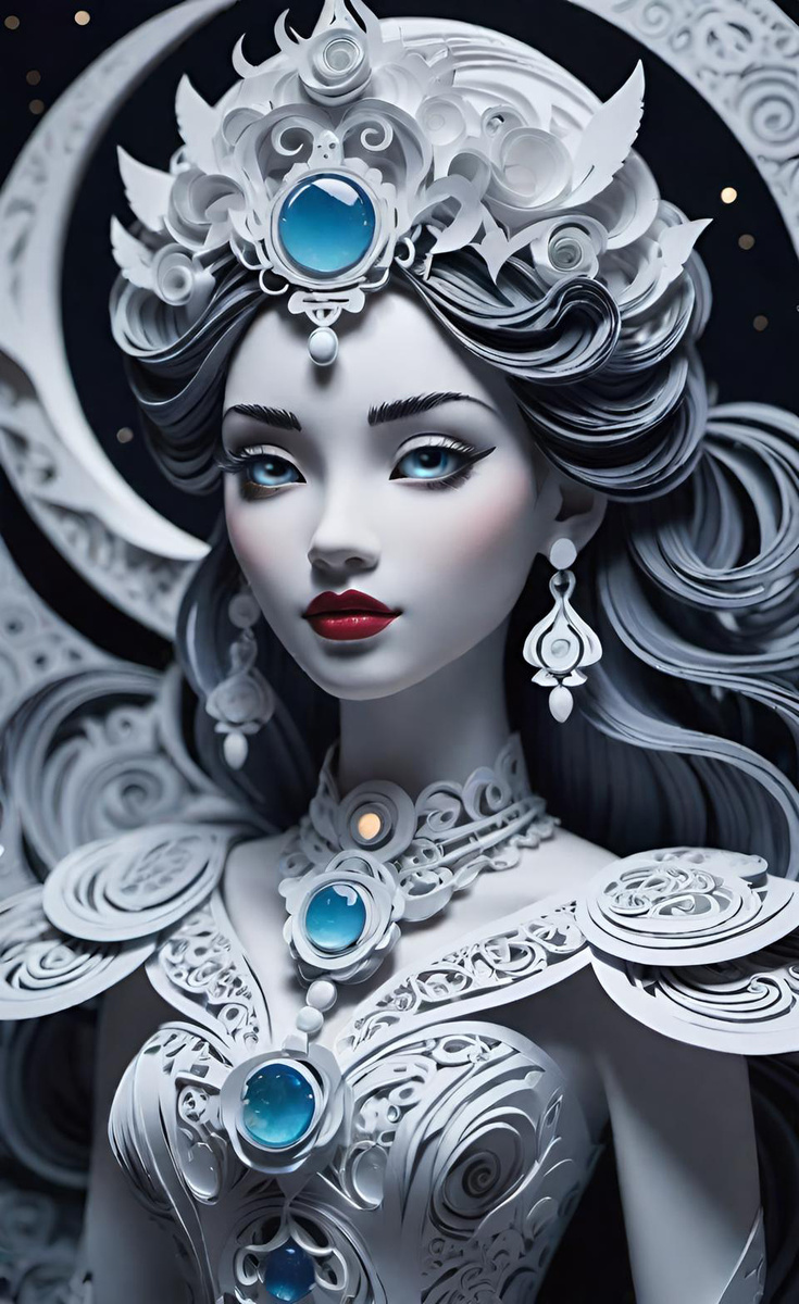 Океан. Лунная принцесса. Бумажный мир. Арт с применением ИИ.