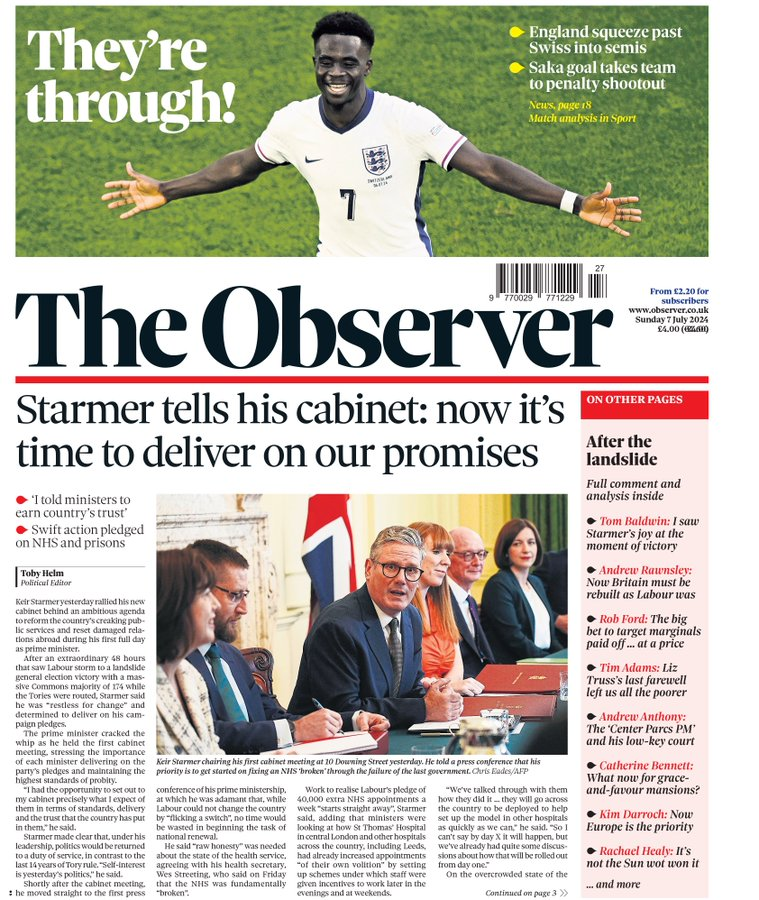 Издательство The Independent Статья PA Reporter 7 июля 2024 года Многие воскресные газеты пишут о том, что сэр Кир Стармер раскрывает свои планы на посту премьер-министра.