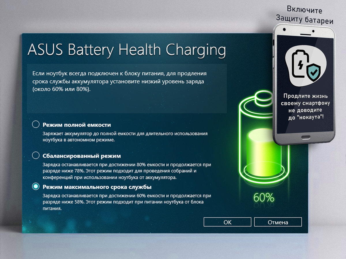 Во многих мобильных устройствах, которые сейчас есть в продаже, с завода предусмотрен режим ограничения максимального заряда — включайте его, когда вся ёмкость батареи не требуется (например, работаете в основном от розетки); включайте его, когда нужна вся ёмкость (чтобы зарядиться перед поездкой).