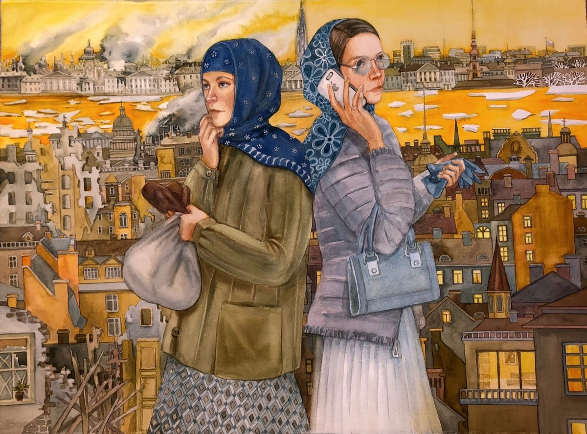 © Марина Фазанова. Акварель. Синий платочек. Акварель. 56 х76 см. 2020г.