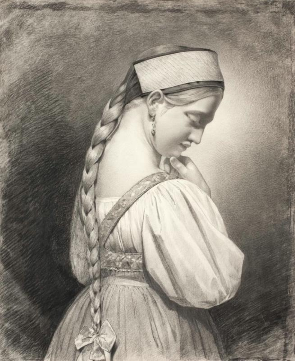 Девушка с длинной косой. Автор - Мария Алексеевна Поленова (Воейкова),1850-е