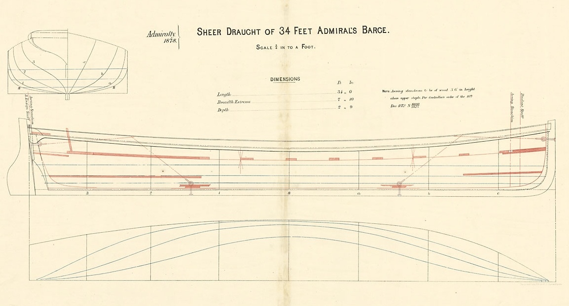 Чертеж корпуса английской адмиральской 34-футовой баржи с внутренней детализацией. 1878 гг. Национальный морской музей, Гринвич, Лондон. ZAZ7171.
