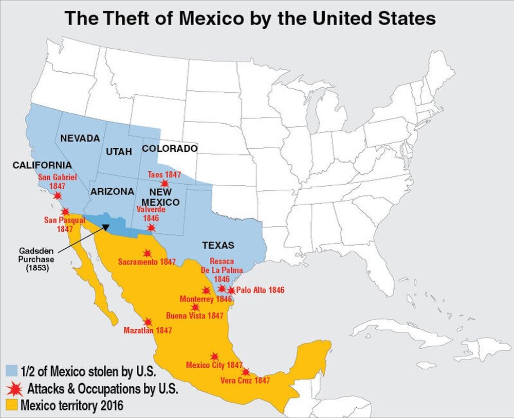 1. До середины 19-го века Мексика, получившая независимость от Испанской империи в 1821 году, по размеру была сопоставима с Соединёнными Штатами Америки.