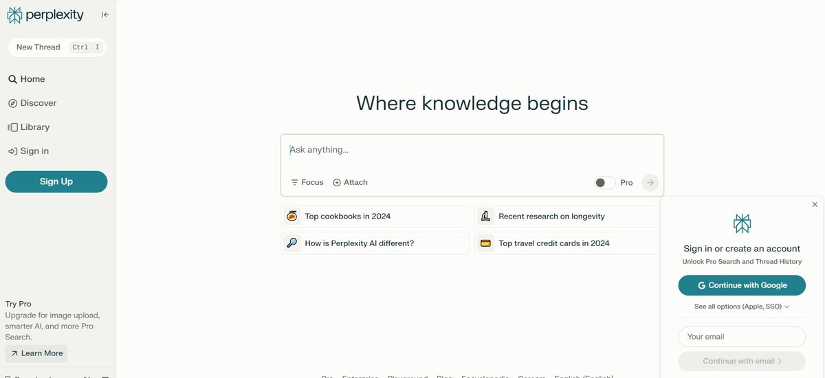 perplexity.ai📷Главная страница perplexity.ai с окном авторизации