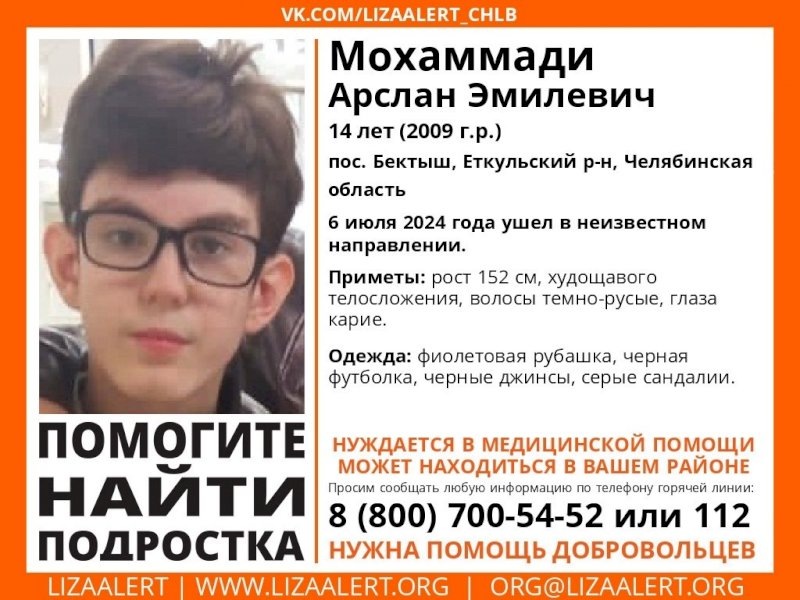 В Еткульском районе (Челябинская область) продолжаются поиски 14-летнего Арслана Мохаммади.