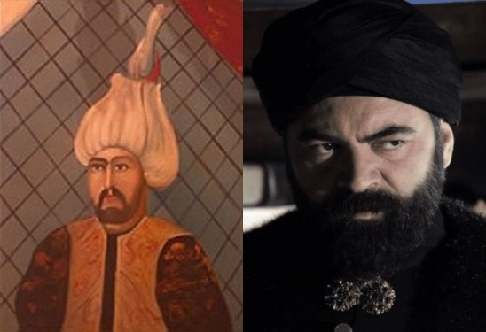 Соколлу Мехмед паша (1505 – 1579). Справа он же в исполнении Йылдырыма Фикрета Урага (Великолепный век)