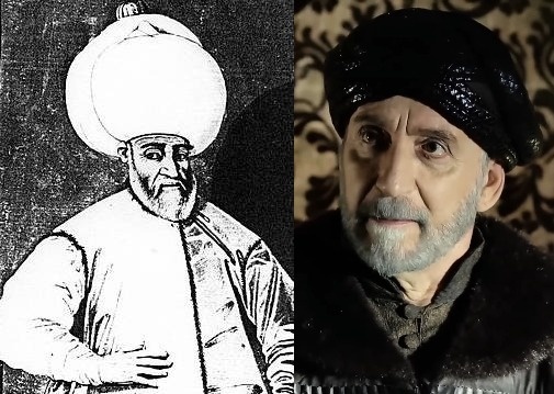 Лала Мустафа паша. Слева его единственный (и возможно неточный) портрет. Справа он же в исполнении турецкого актера Маджита Копера в четвертом (финальном) сезоне сериала «Великолепный век» (2011 – 2014)