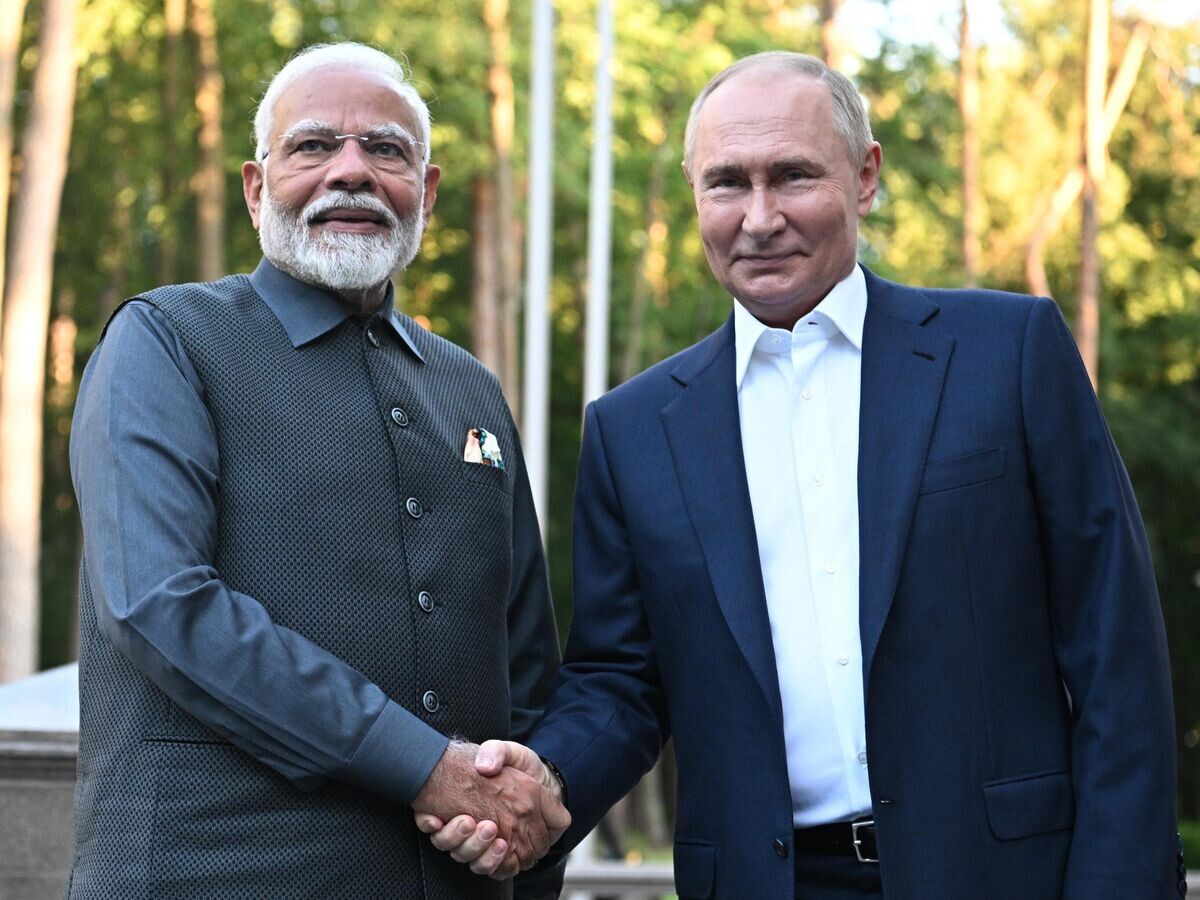    Президент РФ Владимир Путин и премьер-министр Индии Нарендра Моди во время встречи© РИА Новости / Сергей Бобылев