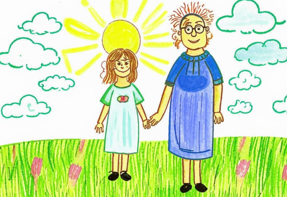 Бабушка с внучкой держатся за руки, солнце, облака, зеленая трава, цветы, стиль-детский-рисунок - Кандинский