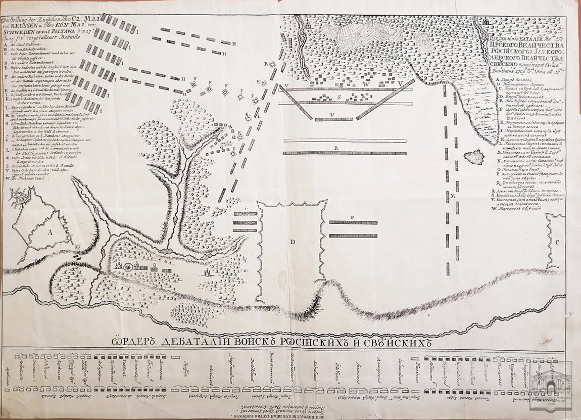 Изъявление баталии меж его царского величества Российского и его королевского величества Свейского при Полтаве бывшей в нынешнем 1709 году июня в 27-го» с описанием боевого порядка («ордер де баталии») русских и шведских войск и текстом «Обстоятельной реляции…». [1709 г.].