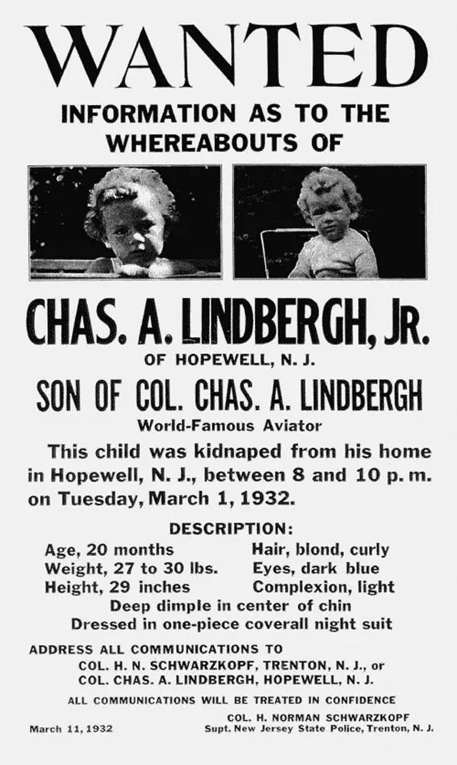 Плакат о розыске, распространенный после похищения Чарльза Линдберга-младшего, март 1932 года
