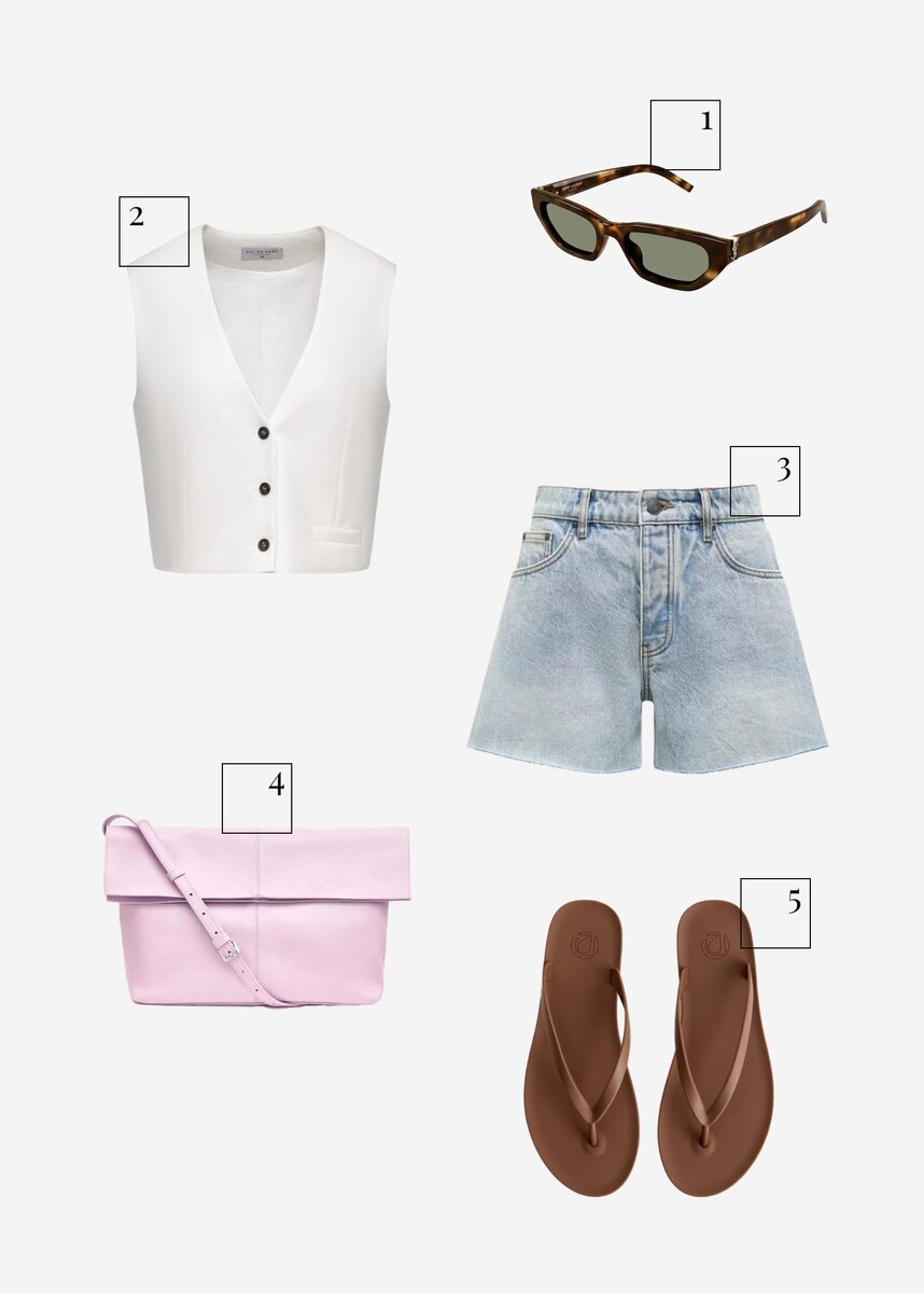 пресс-служба📷Очки Saint Laurent, 50 500 руб. (slepayakurica.ru)
Жилет All We Need, 6990 руб. (allweneed.ru)
Шорты 12Storeez, 8980 руб. (12storeez.com)
Сумка Sanchy, 57 900 руб. (sanchy.ru)
Вьетнамки 12Storeez, 4980 руб. (12storeez.com)
