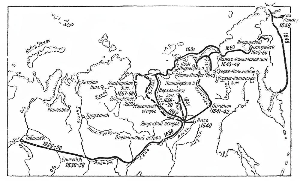 Карта-схема походов С. Дежнёва