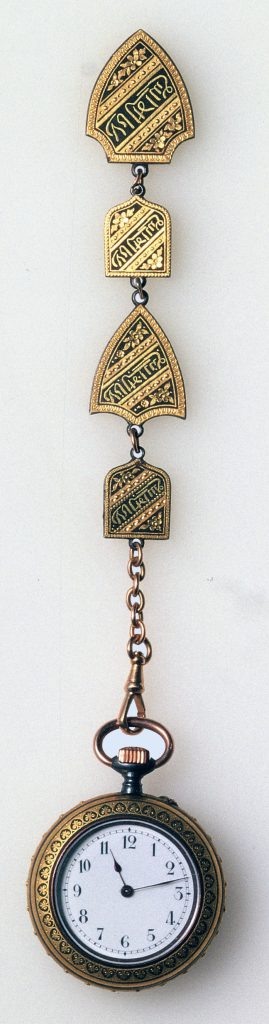 Watch with Fob | Spain, Eibar | early 20th century https://www.khalilicollections.org/collections/spanish-damascene-metalwork/khalili-collection-spanish-damascened-metalwork-watch-with-fob-zul85/
