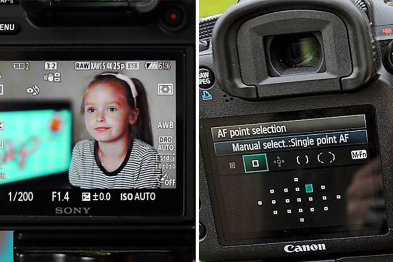 Так выглядит фокусировочная рамка на беззеркалке и меню выбора точки на зеркальной камере / Фото: Иллюстрация: digitalcameraworld.com, youtube.com
