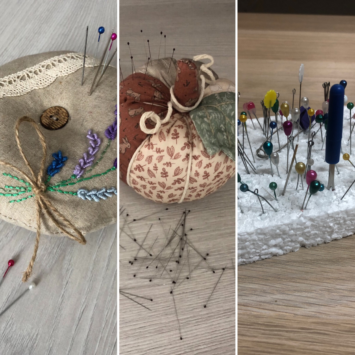 коллаж из игольниц,3 игольницы которыми пользуюсь.  Две игольницы МК и одна из подручных материалов, делюсь с вами