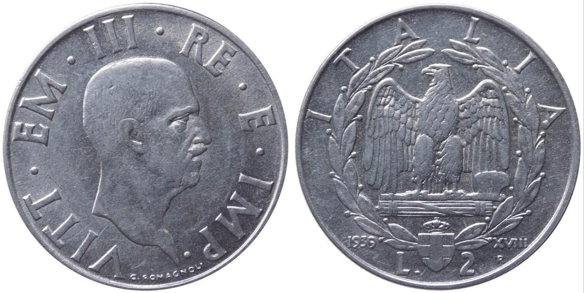 Италия - 2 лиры 1939 года выпуска (Anno XVIII, Era Fascista) эпохи правления Виктора Эммануила III