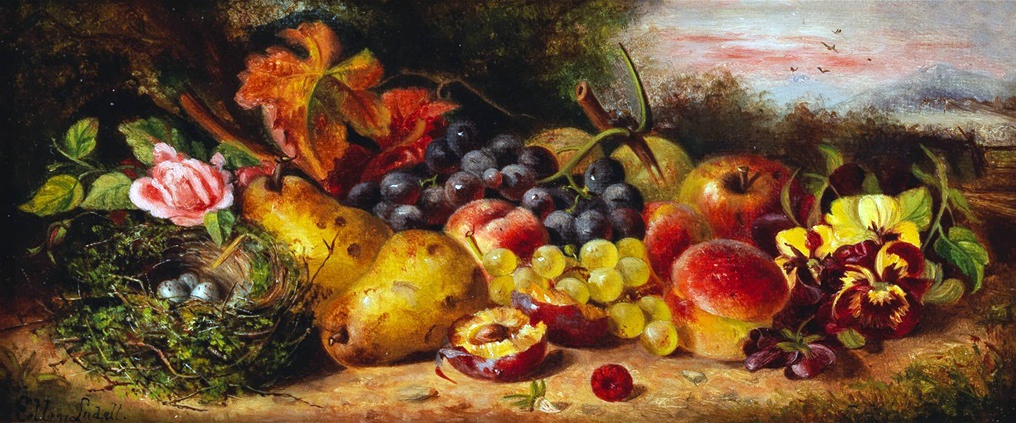 Натюрморт с фруктами, примулами и птичьим гнездом. Частная коллекция