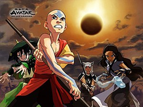 Персонажи сериала слева направо: Тоф, Аанг, Сокка и Катара