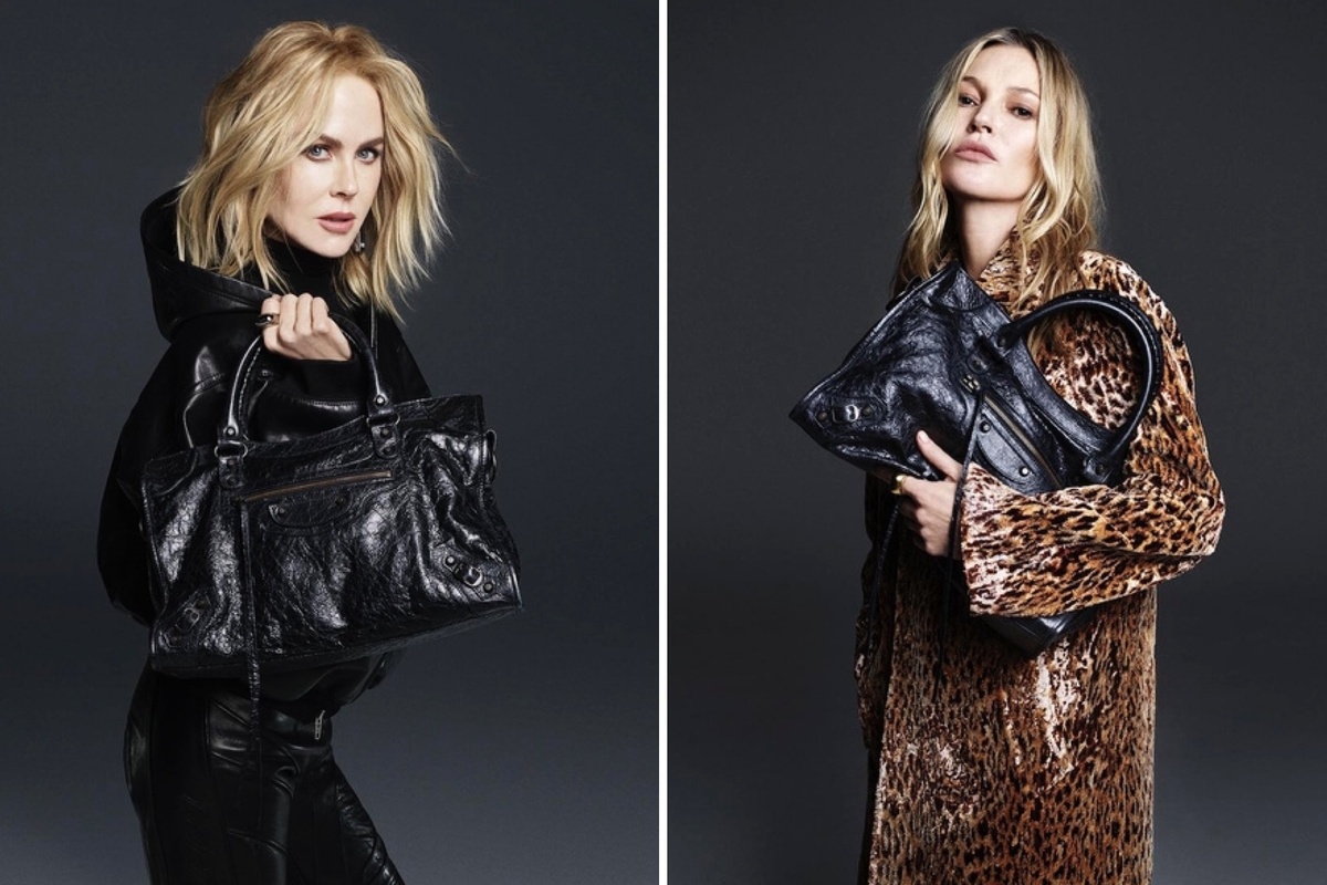 Николь Кидман и Кейт Мосс приняли участие в новой кампании Balenciaga. На снимках они позируют с обновленной версией культовой сумки Le City 2000-х годов.