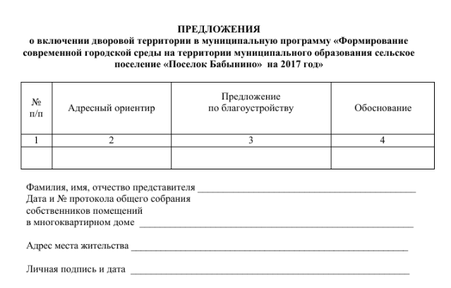 Такую форму предложения-заявки требуют в поселке Бабынино Калужской области (Источник: koshino.smolensk.ru)