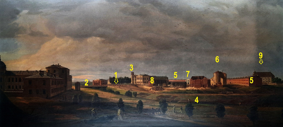 Привлекла картина неизвестного художника, примерно, 1850 год. Стал рассматривать, пытаясь сориентироваться. сейчас все поясню. 1- место впадения Мухавца в Западный Буг, где-то за деревьями; 2 - Тереспольский мост; 3 -Тереспольские ворота; 4 - река Мухавец; 5 - кольцевые казармы; 6 - Белый дворец; 7 - гарнизонный храм; 8 - будущие Холмские ворота; 9 - местонахождение Восточного форта. Если вы читали/будете читать внимательно мой текст, там найдете очередные важные пояснения.  