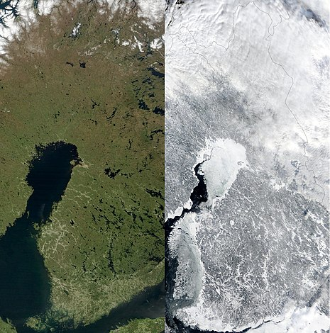 Финляндия (снимки из космоса летом слева и зимой справа)