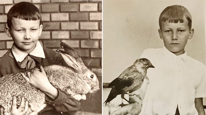 Фотографии Алеши Зеля (1956 г) из семейного архива. 1. В зоокружке 2. Со своей ручной галкой