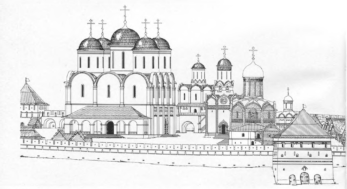 В. Балдин. Реконструкция центральных зданий XVI века, вид с Запада. Слева направо: Успенский собор, Надвратная церковь Сергия, Духовская церковь, Троицкий собор, Никновский придел и Пивная башня