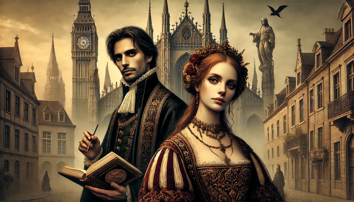 Вот как могли бы выглядеть главные герои произведения Мастер и Маргарита, если бы его писал европейский католик. Мастер изображен как учёный с серьезным выражением лица, одетый в одежду эпохи Ренессанса. Маргарита представлена как благородная дама с грациозным и спокойным обликом, в элегантном наряде того времени. На заднем плане виден европейский городской пейзаж с готической и барочной архитектурой. Название произведения могло бы быть, например, «Ученый и дама», чтобы отразить европейскую католическую чувствительность.