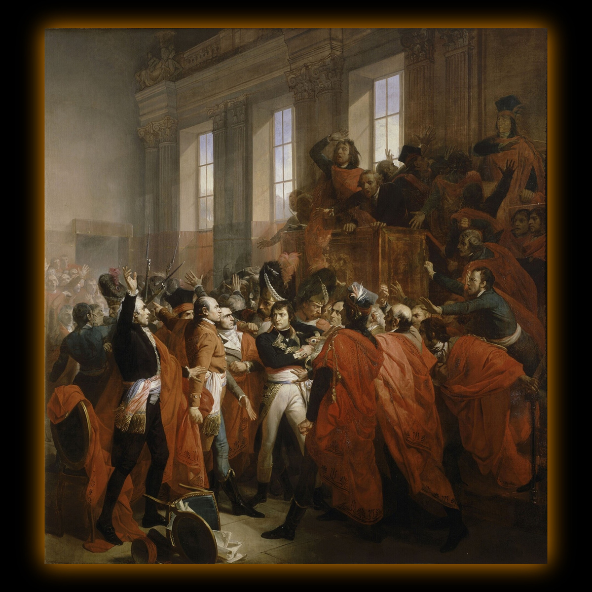 Бонапарт с солдатами разгоняет Совет пятисот. Это произошло после того, как якобинские депутаты осмелились напасть на генерала Наполеона с оружием в 1799 году в здании нижней палаты французского парламента. Картина французского художника Франсуа Бушо, написанная в 1840 году.