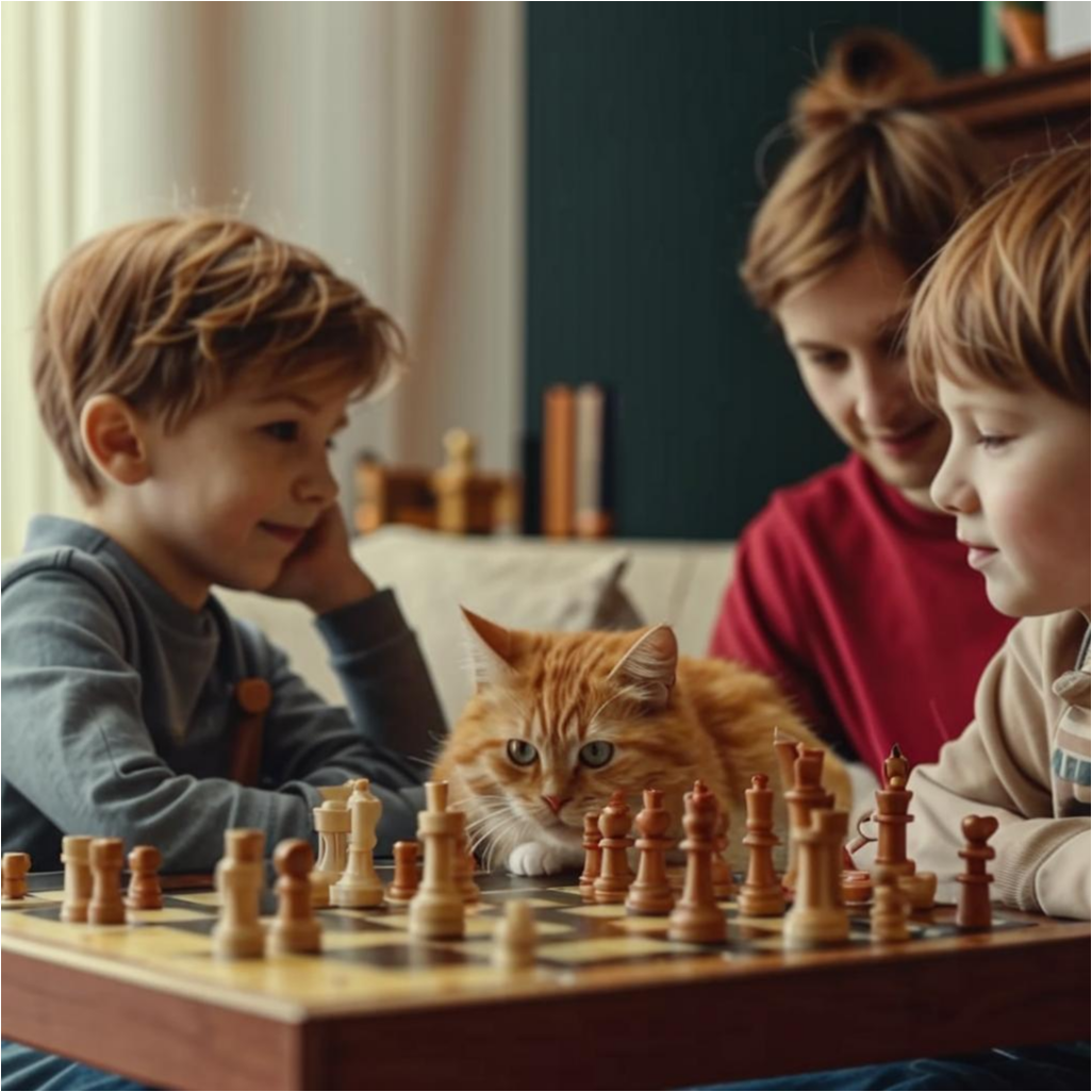 Семья в гостиной, играющая в настольные игры с рыжим котом на переднем плане. 