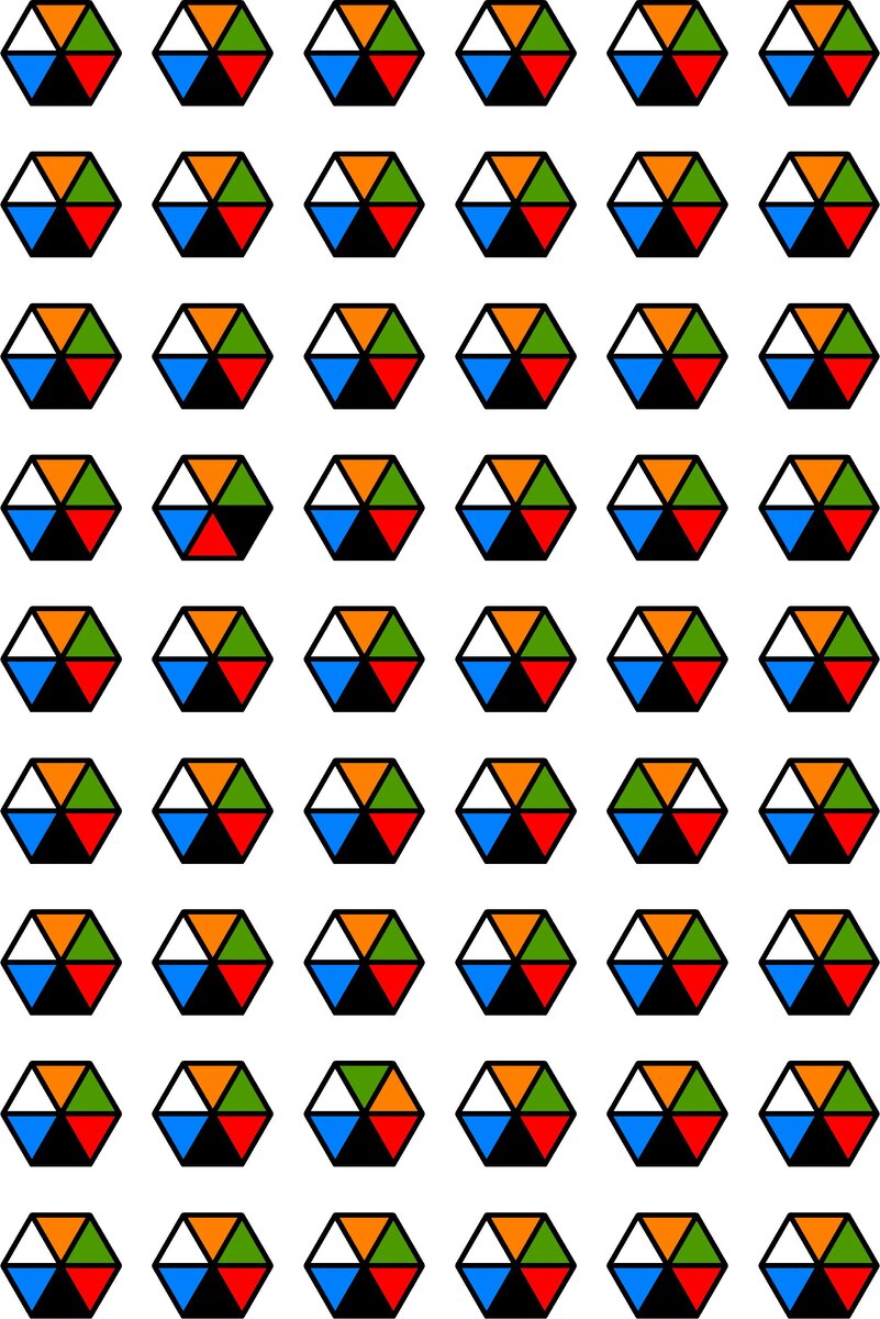 Найдите 3 лишних фигуры, в которых нарушена последовательность цветов.