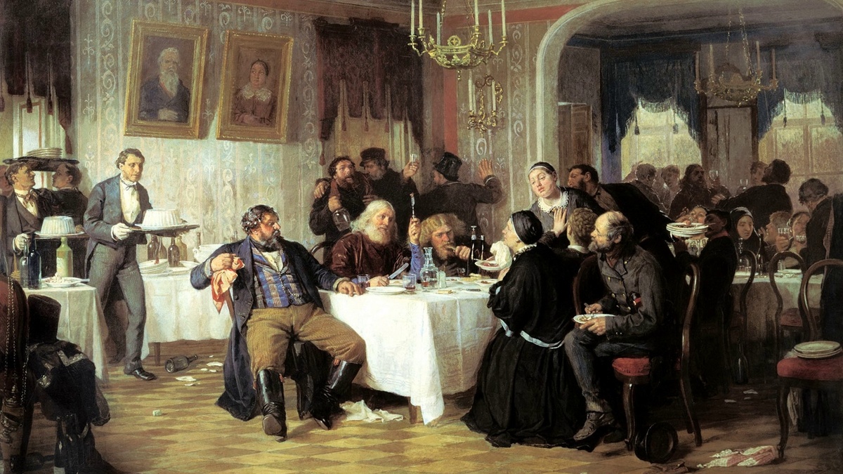 «Купеческие поминки». Картина работы Ф. С. Журавлёва, 1876.