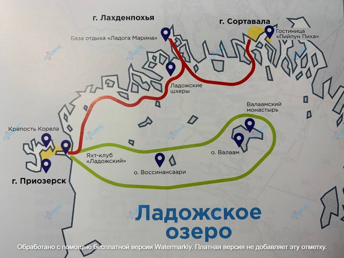 Красным обозначен маршрут по Ладожским шхерам