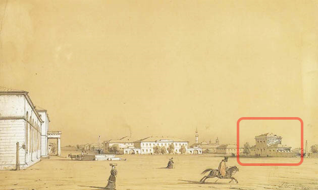 Алексей Филиппович Чернышёв. Виды города Оренбурга: Плац-парадная площадь. Середина XIX столетия. Здание Городской управы, построенное в 1814 году по проекту архитектора М.П. Малахова, первоначально состояло из узкой центральной части и двух небольших одноэтажных крыльев.