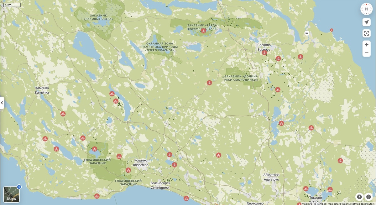Часть Карельского перешейка к северу от Санкт-Петербурга. Если карту приблизить, дорог и «точек интереса» будет значительно больше.