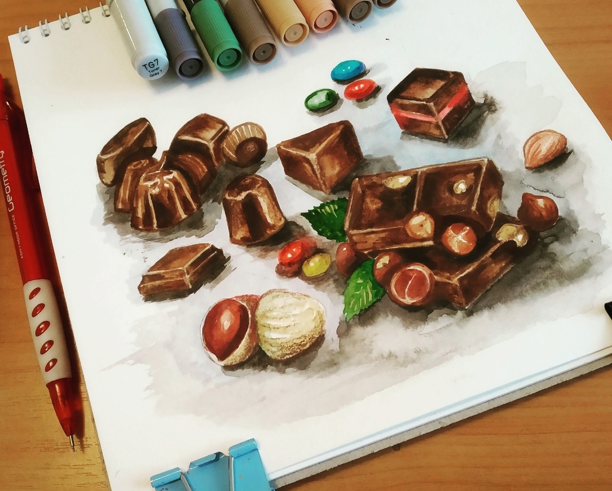 Шоколад - акварельные маркеры и карандаши